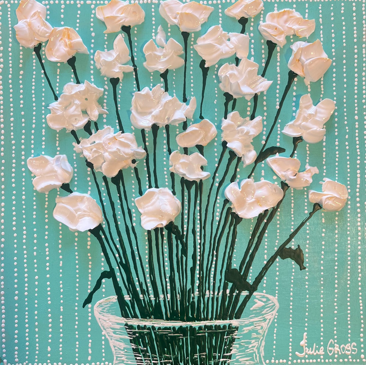 SOLD- White Florals on Blue Background- 8x8 painting on wood panel