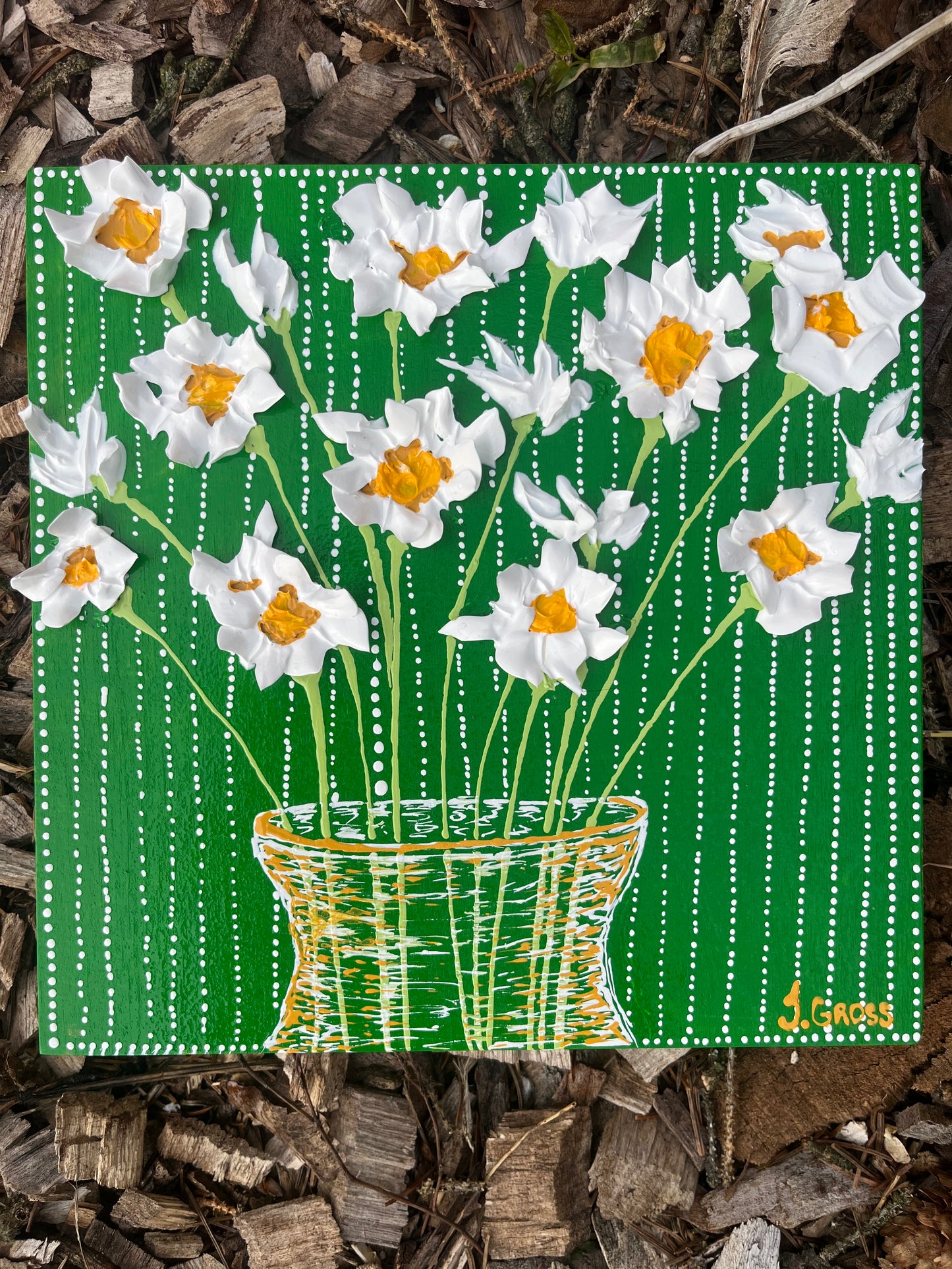 Sold- White and yellow Flowers on green Background- 8x8 painting on wood panel