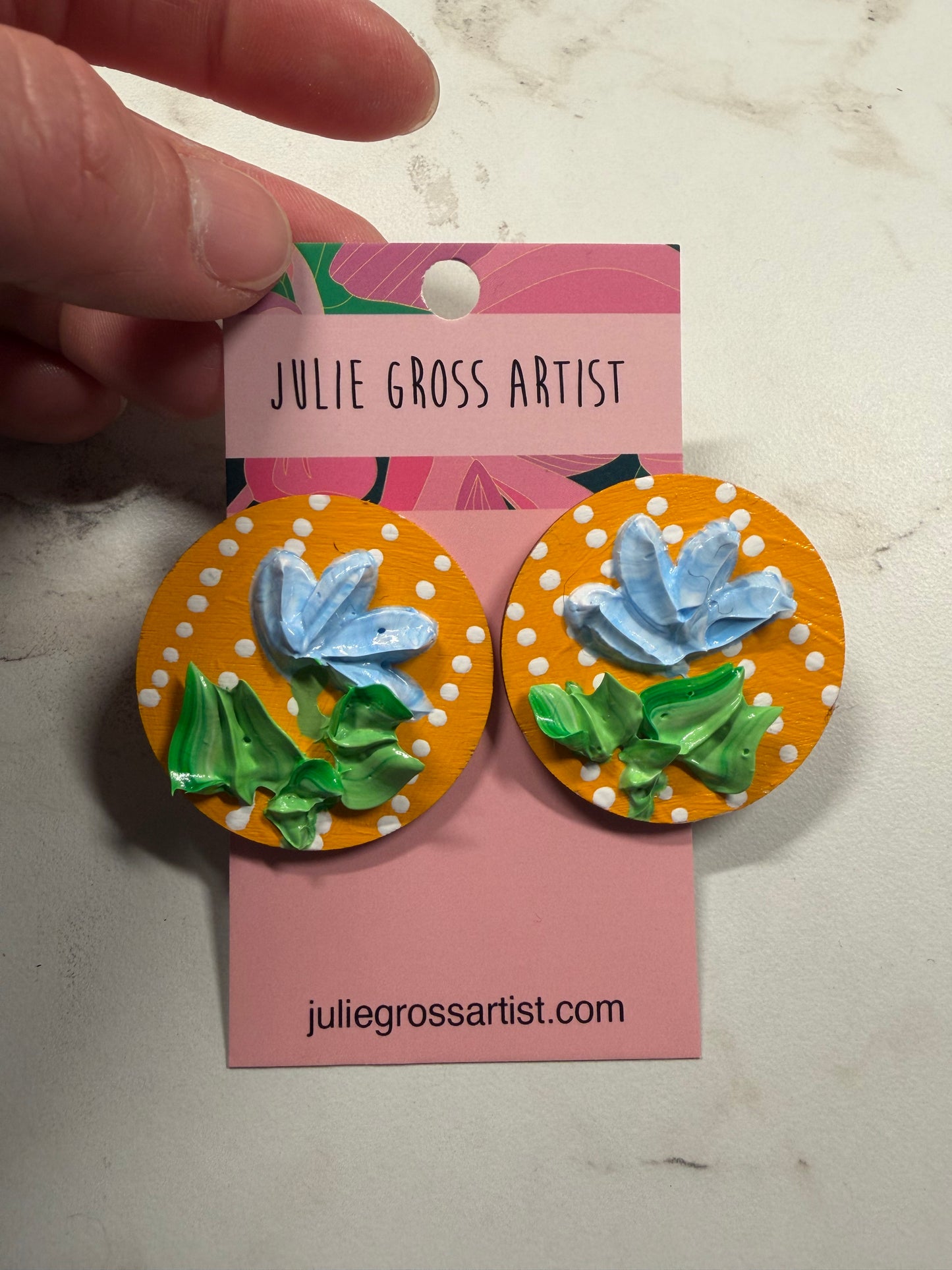 Dimensional Floral Earrings- Posts- Blue and green on yellow