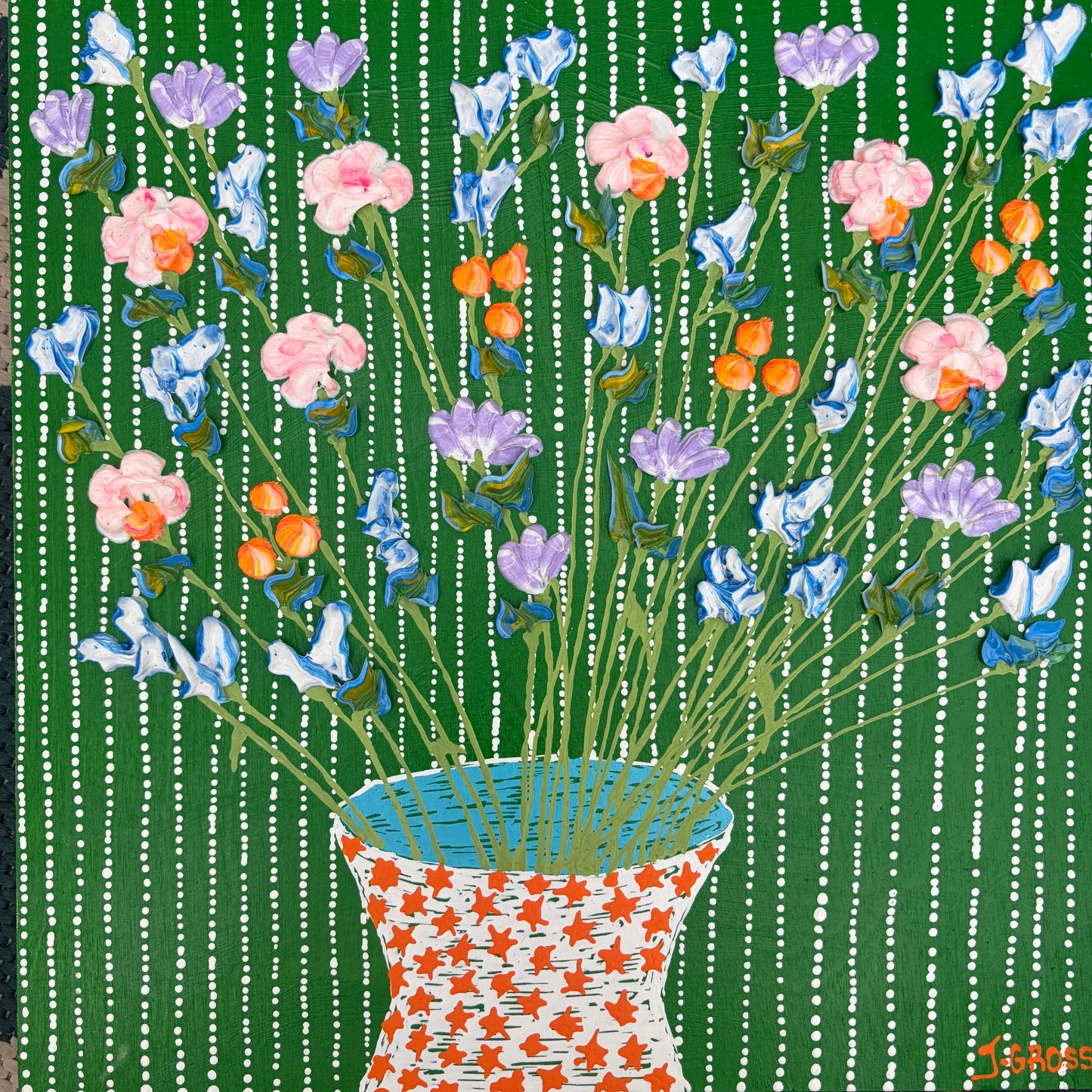 Spring flowers on green background-12x12 on wood panel