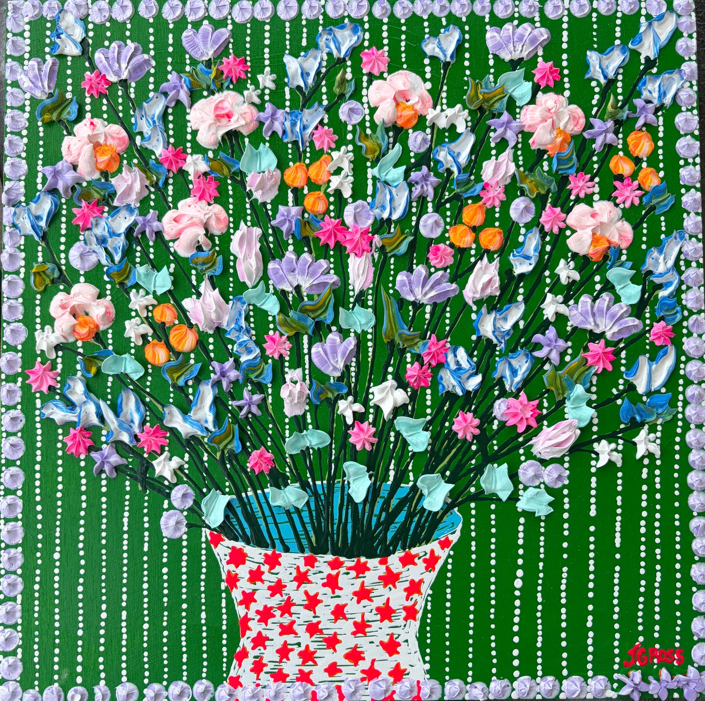 Spring flowers on green background-12x12 on wood panel
