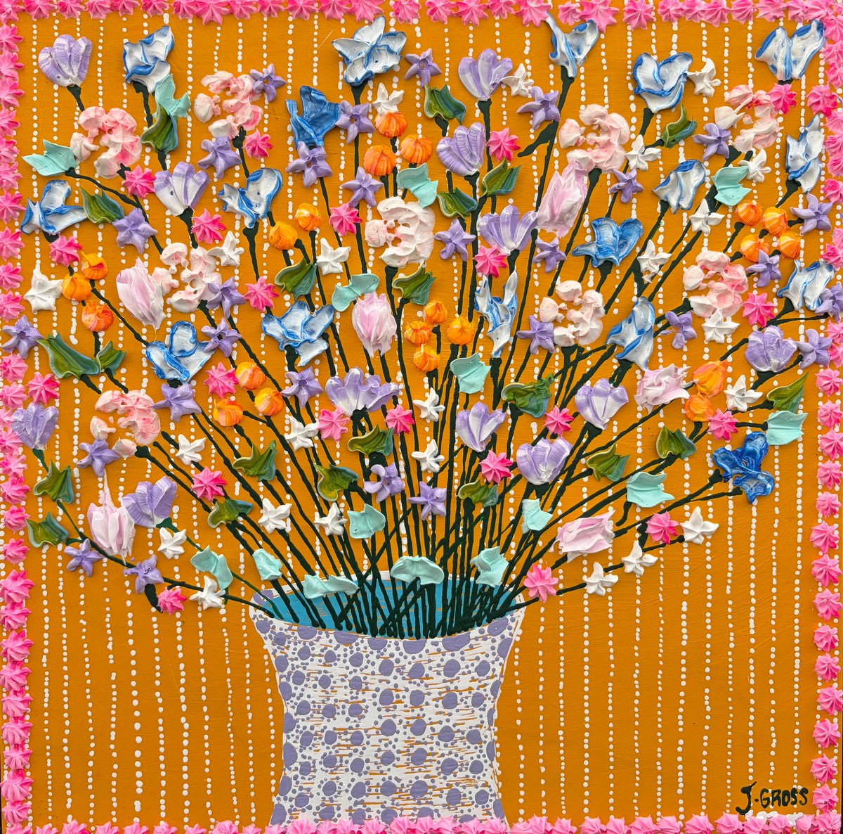 Spring flowers on yellow background-12x12 on wood panel