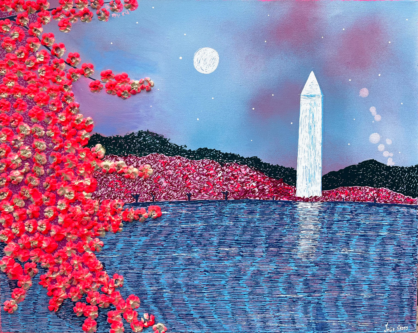 Washington Monument- Original Acrylic Painting- 3D flowers- $1200