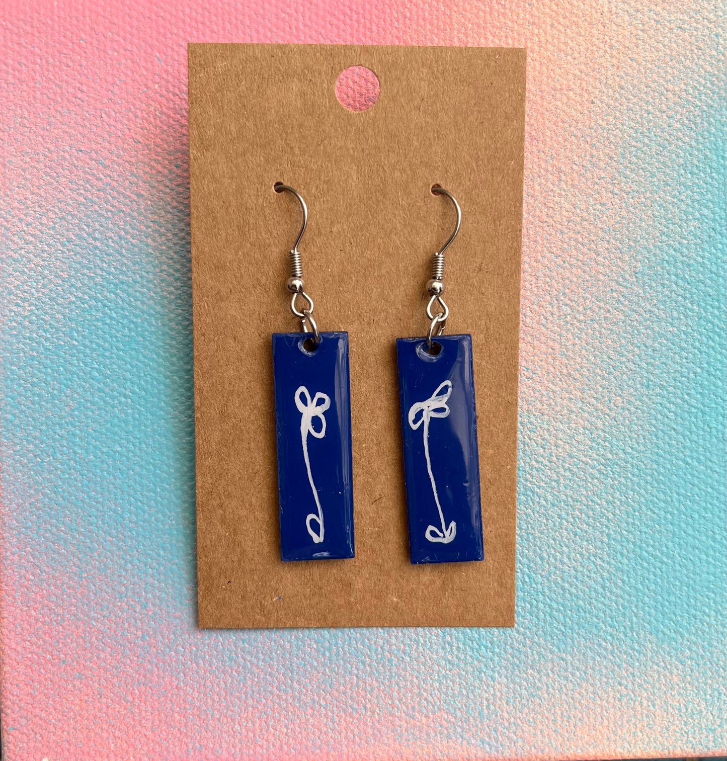 Small Rectangle Blue and White Dangle Earrings