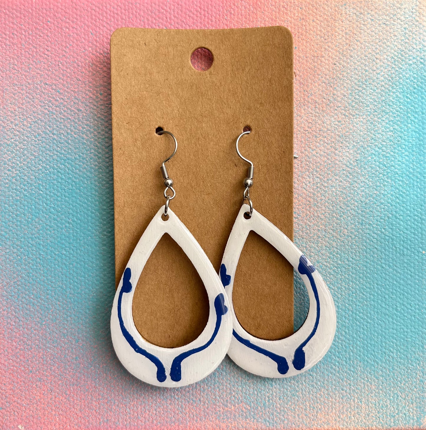 Open Teardrop Abstract White and Blue Earrings