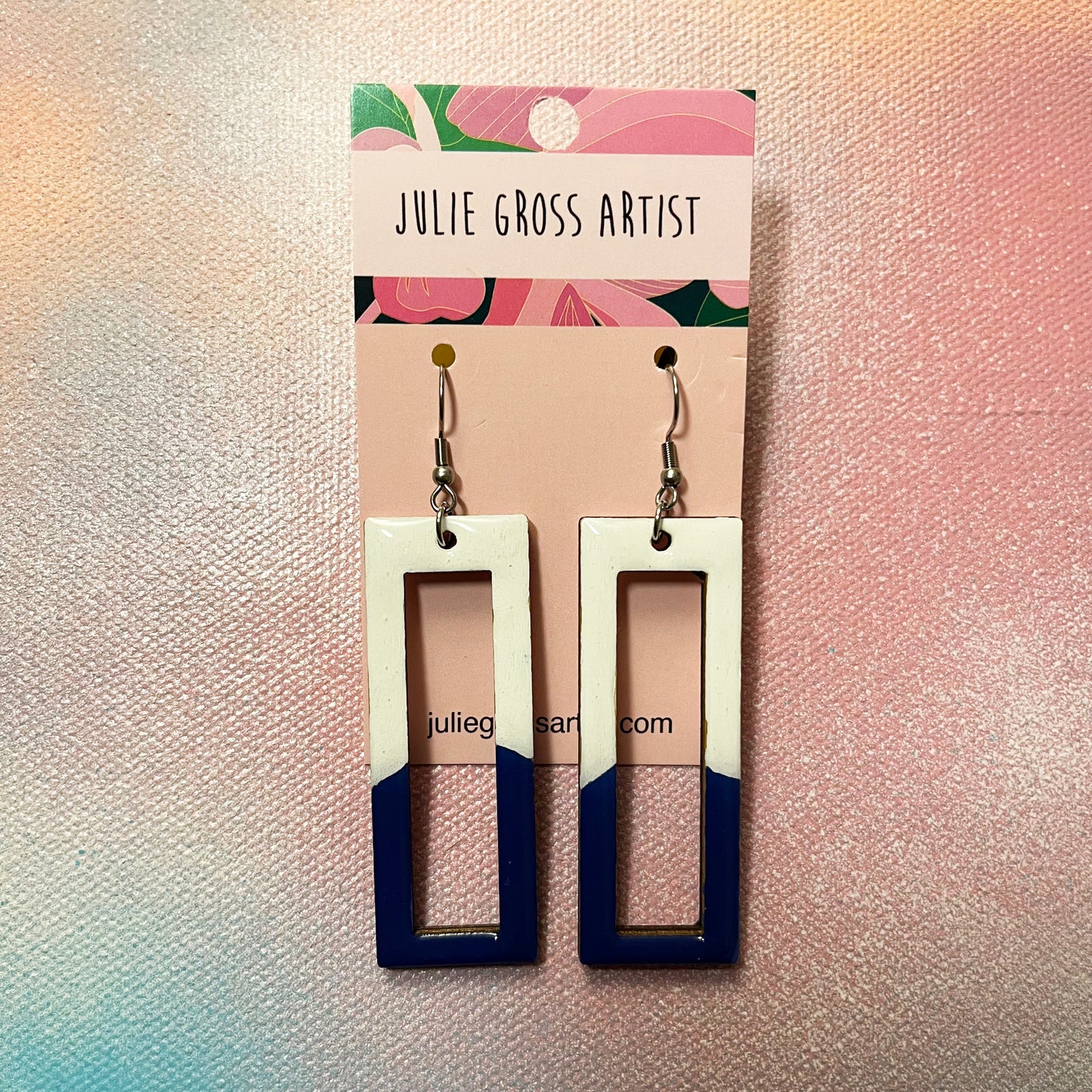 Blue and White Rectangle Dangle Earrrings