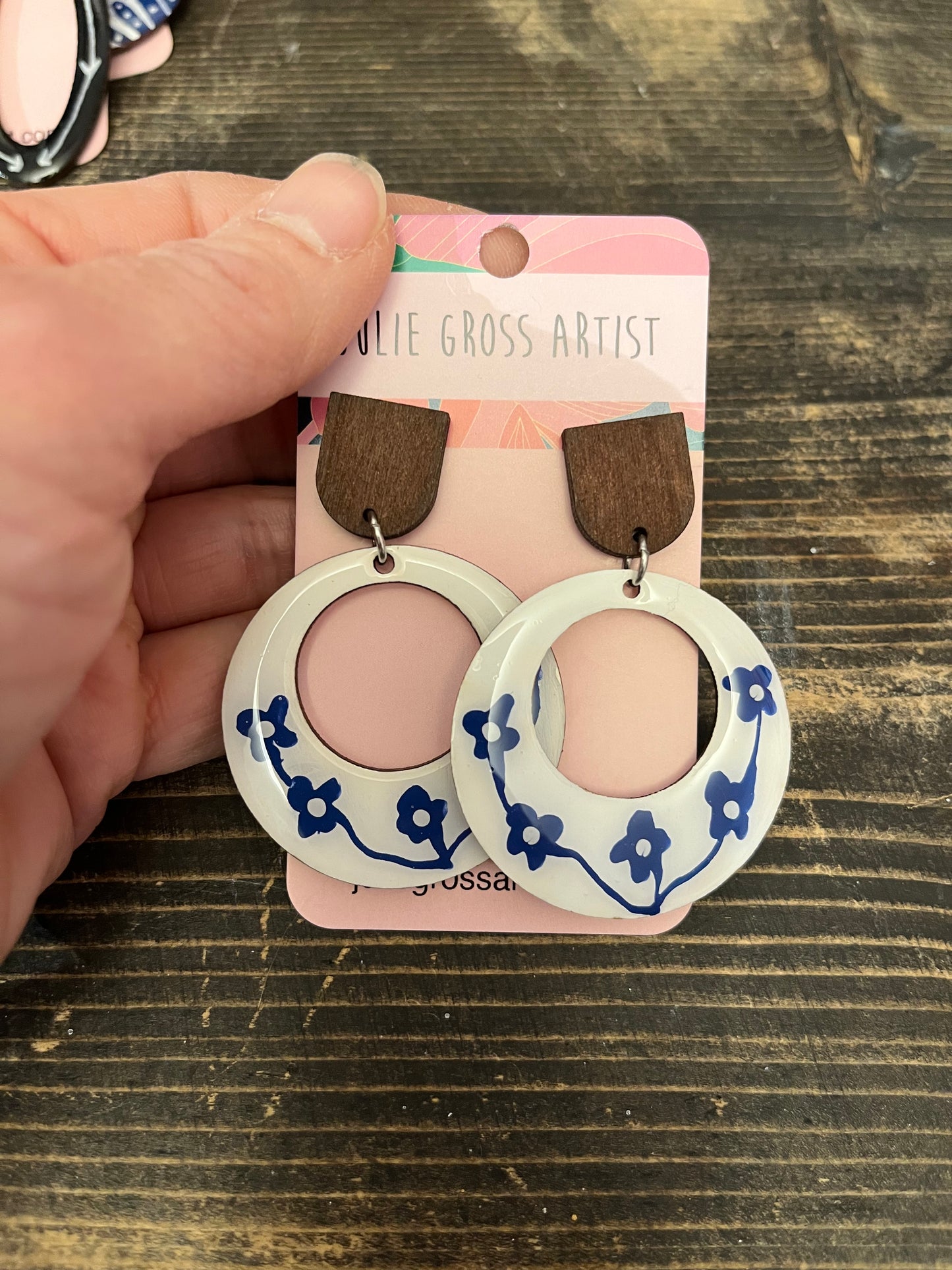 White with blue flowers post dangle earrings