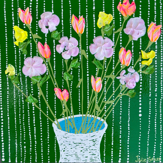 Spring flowers on green Background- 8x8 painting on wood panel