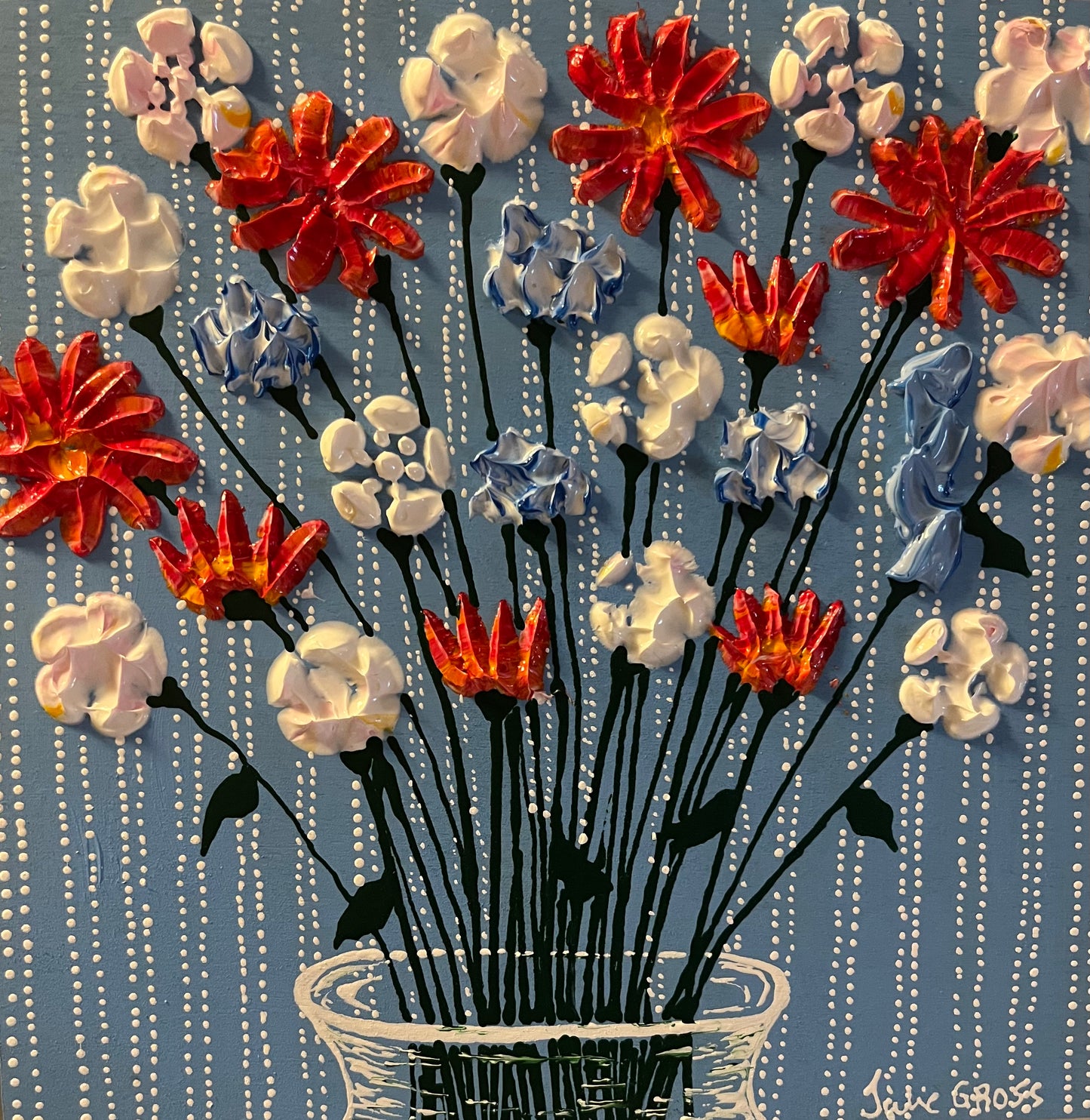 Multicolored flowers on blue Background- 8x8 painting on wood panel