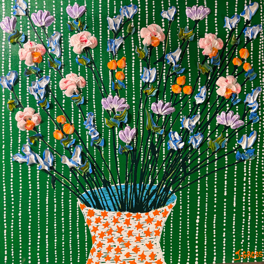 Spring flowers on green background-12x12 on wood panel
