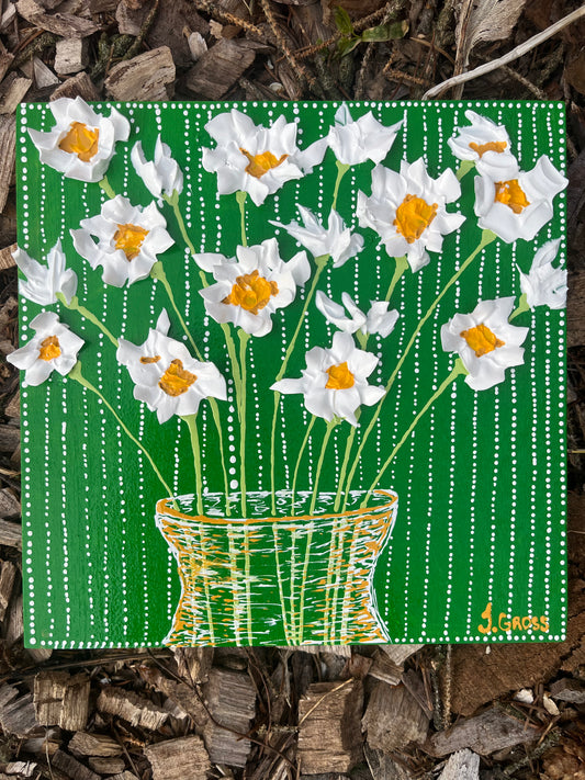 White and yellow Flowers on green Background- 8x8 painting on wood panel