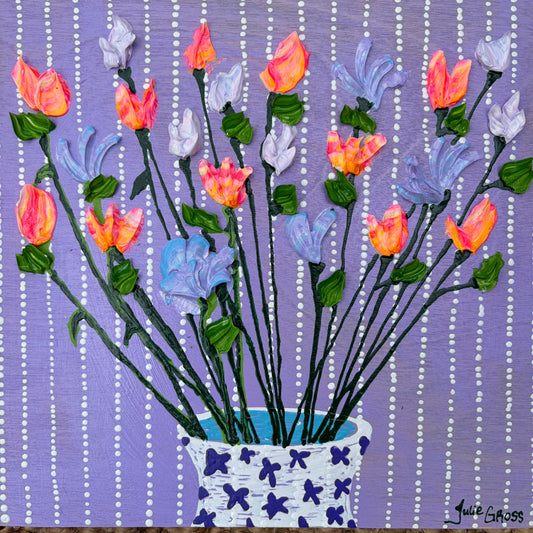 Spring flowers on purple Background- 8x8 painting on wood panel