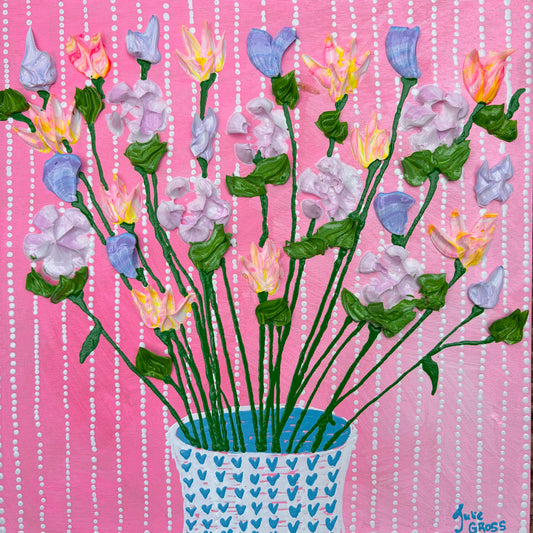 Spring flowers on pink Background- 8x8 painting on wood panel