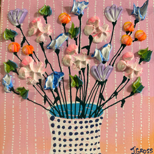 Spring flowers on pink background-6x6 on wood panel