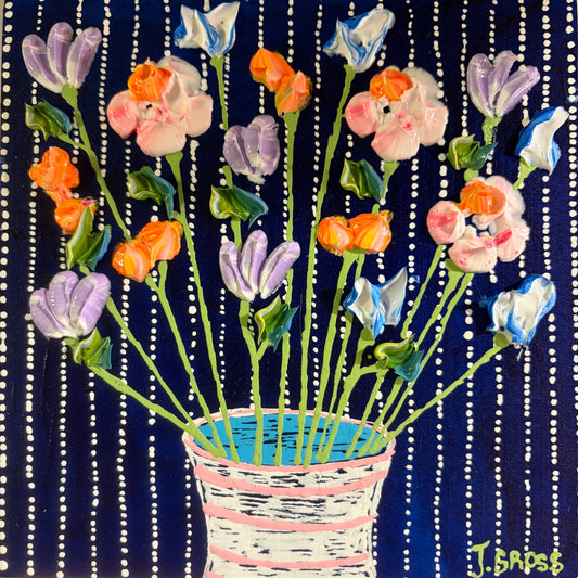 Spring flowers on blue background-4x4 on wood panel