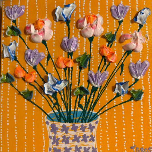 Spring flowers on yellow background-6x6 on wood panel