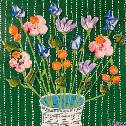 Spring flowers on green background-4x4 on wood panel