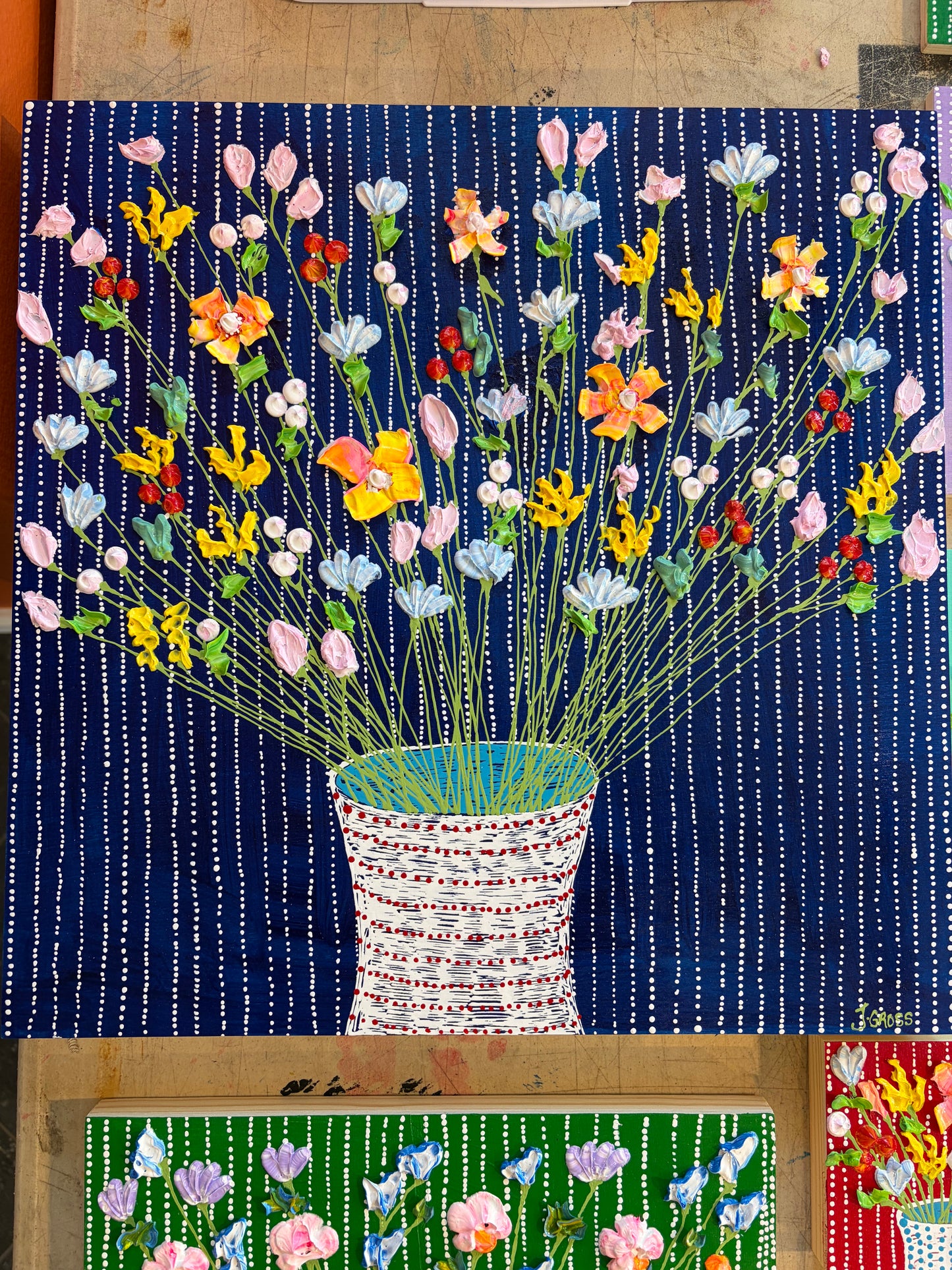 Florals on Blue Background on wood panel- 16x16 unframed