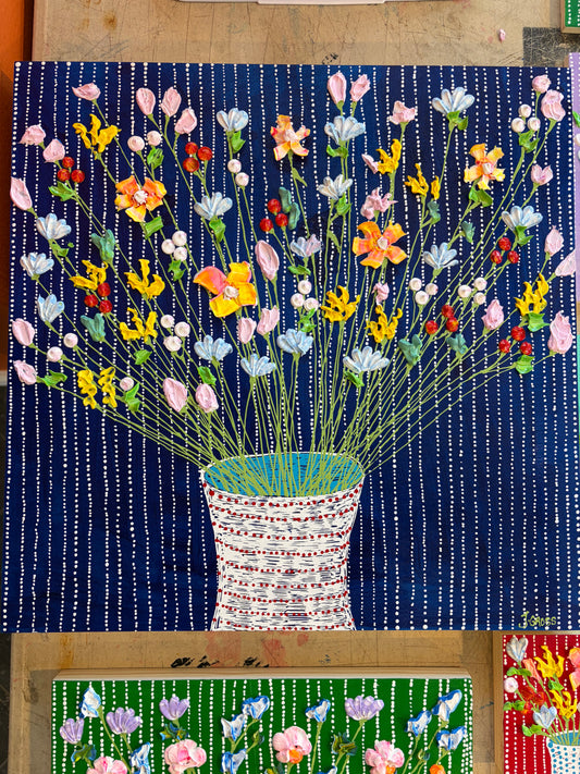 Florals on Blue Background on wood panel- 16x16 unframed