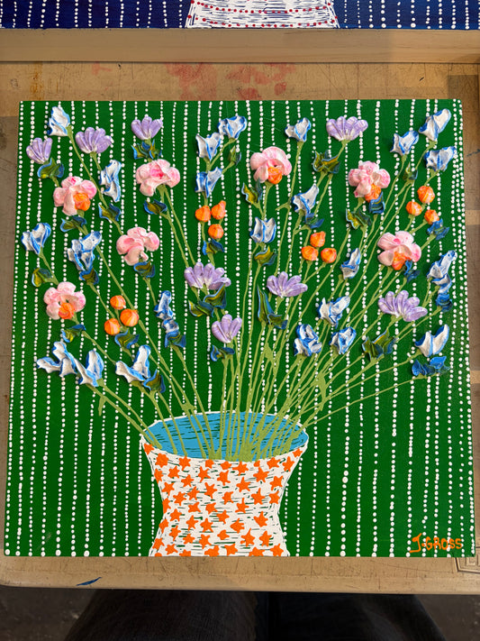 Florals on Green Background on wood panel- 12x12 unframed