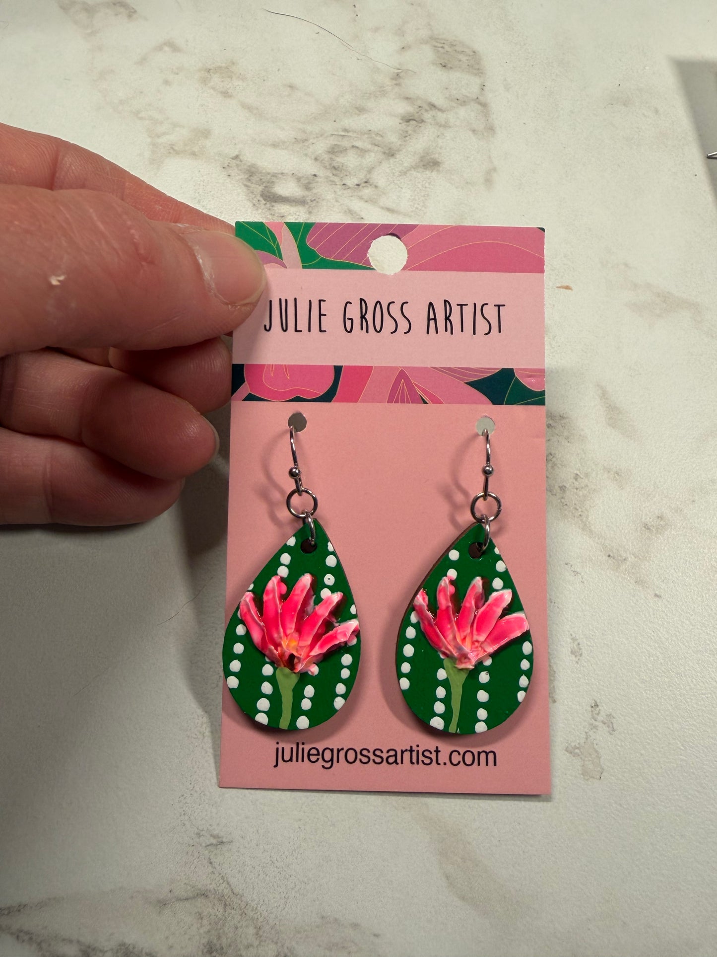 Dimensional Floral Earrings- Pink Flowers on Green (teardrop)