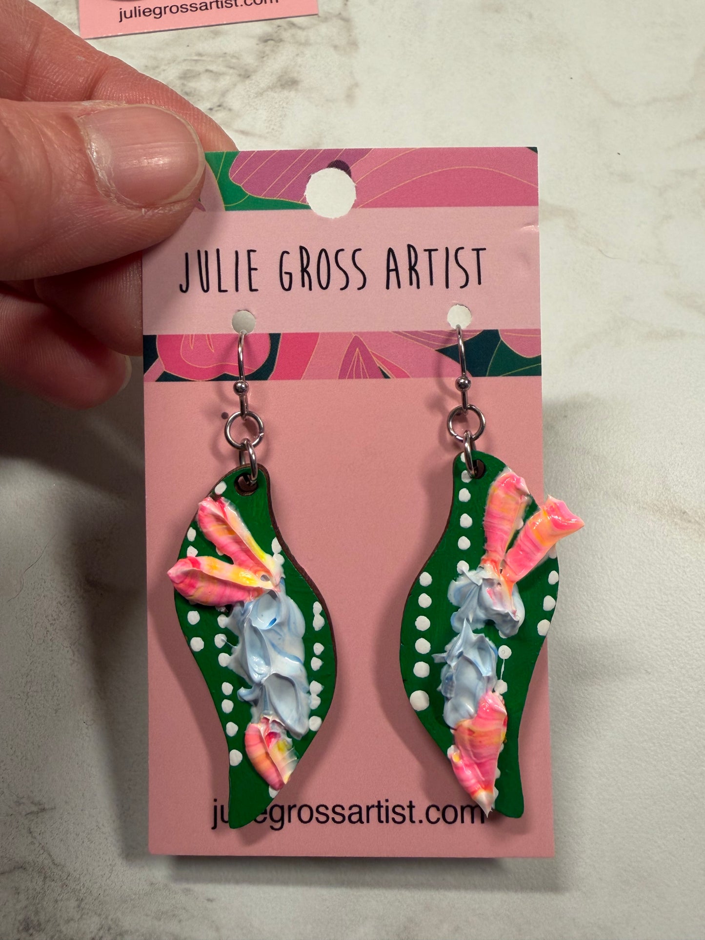 Dimensional Floral Earrings- Pink Flowers on Green (organic curved shape)
