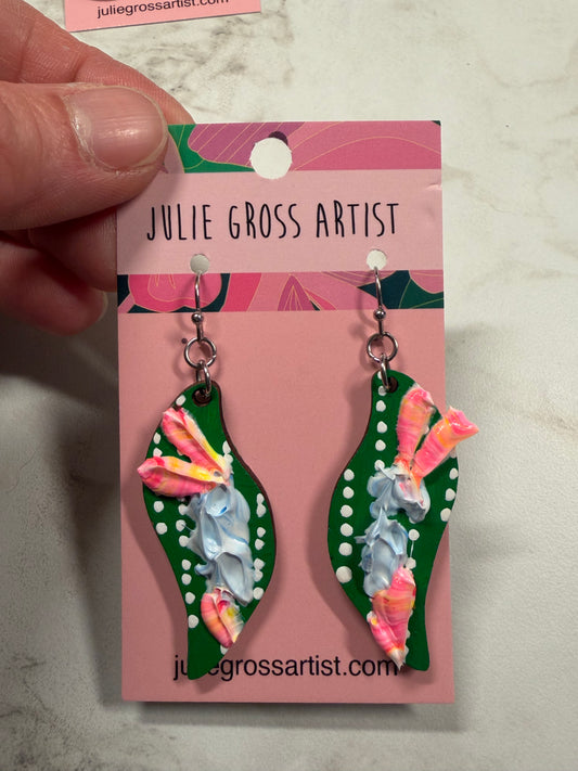 Dimensional Floral Earrings- Pink Flowers on Green (organic curved shape)