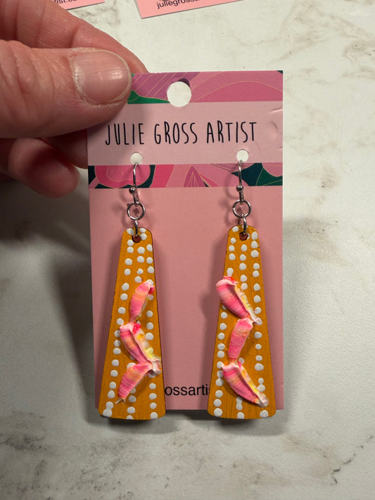 Dimensional Floral Earrings- Pink Flowers on Yellow