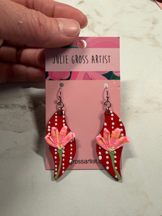 Dimensional Floral Earrings- Pink Flowers on Red
