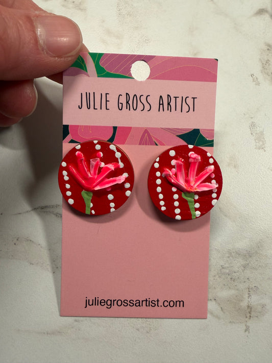 Dimensional Floral Earrings- Pink Flowers on Red (Post Earrings)