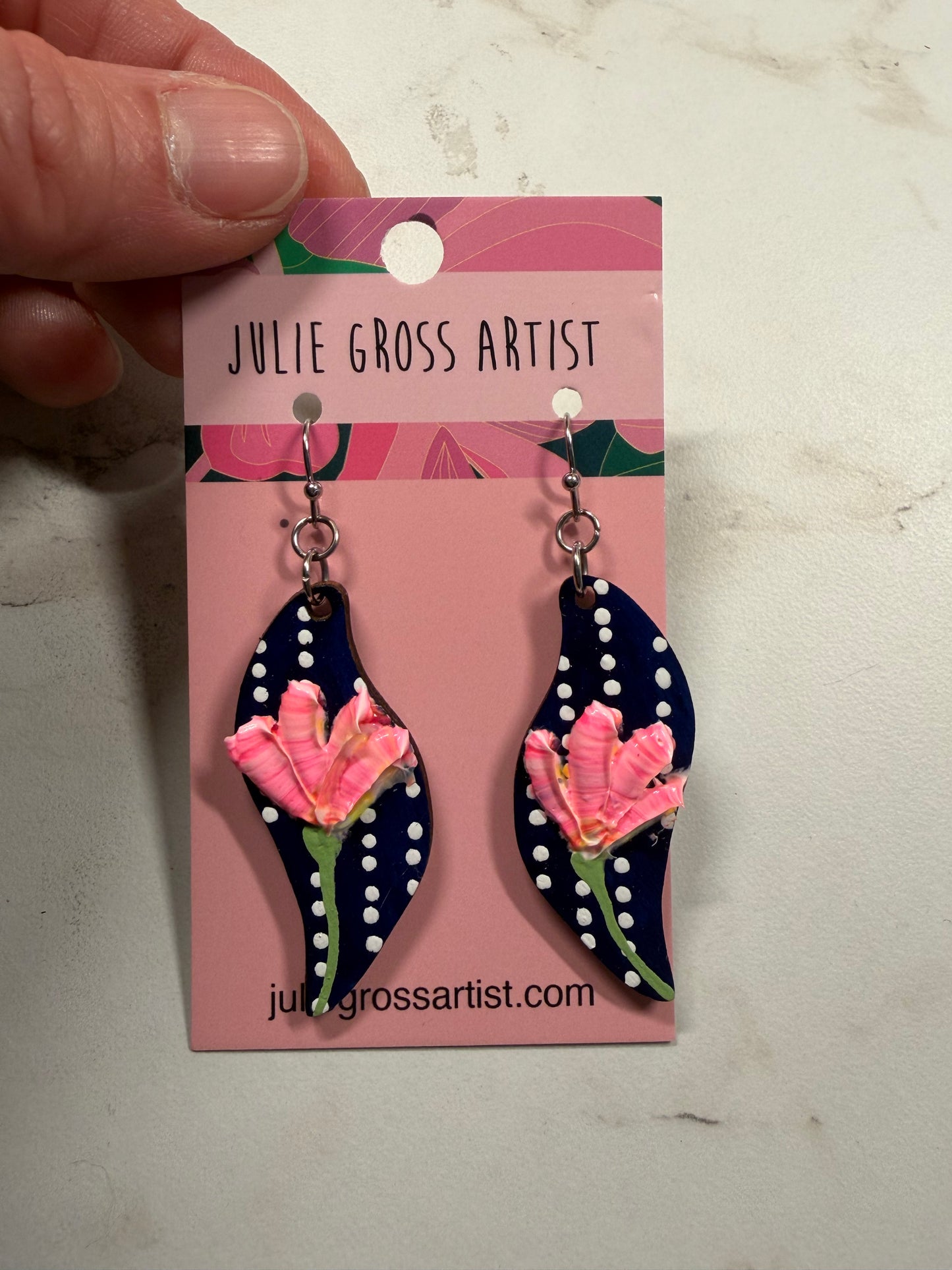 Dimensional Floral Earrings- Pink Flowers on Dark Blue (organic curved shape)