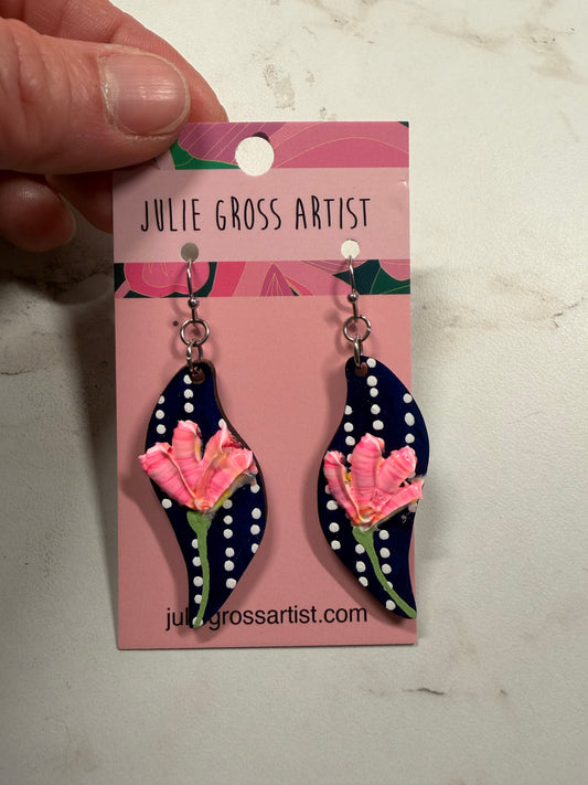 Dimensional Floral Earrings- Pink Flowers on Dark Blue (organic curved shape)