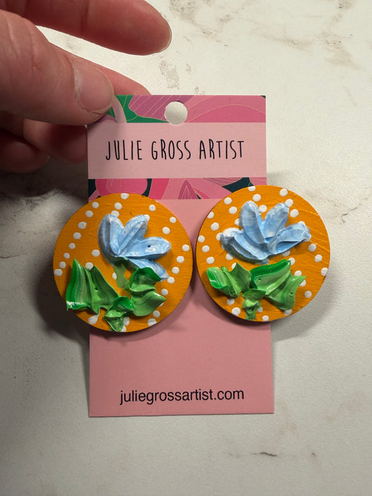 Dimensional Floral Earrings- Posts- Blue and green on yellow