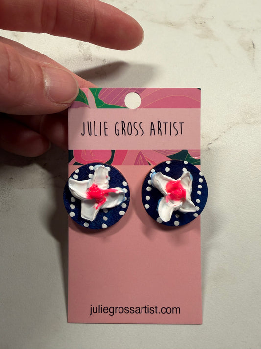 Dimensional Floral Earrings- Posts- White and Pink Flowers on Blue