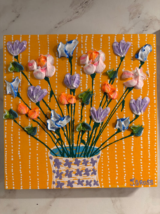 Spring flowers on yellow background-6x6 on wood panel