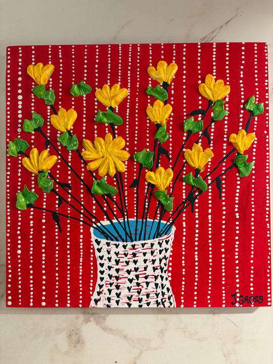 Spring flowers on red background-8x8 on wood panel