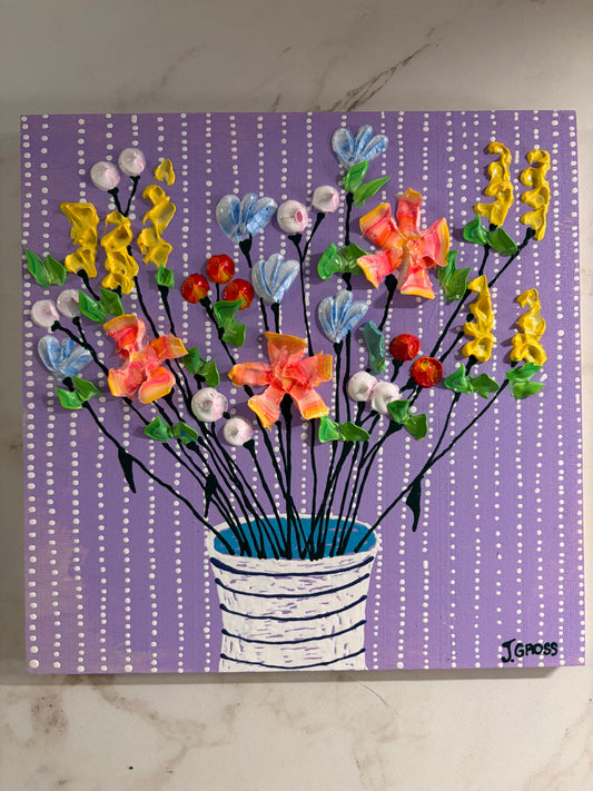 Spring flowers on purple background-8x8 on wood panel