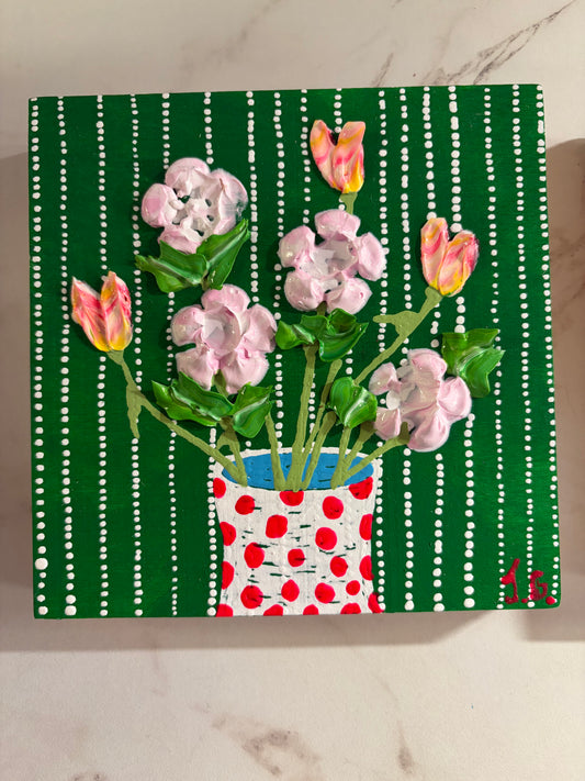 Spring flowers on green background-5x5 on wood panel