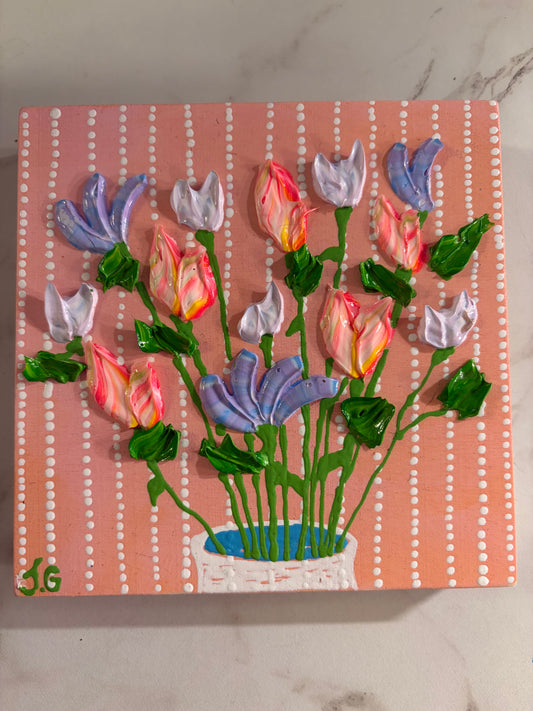 Spring flowers on pink background-5x5 on wood panel