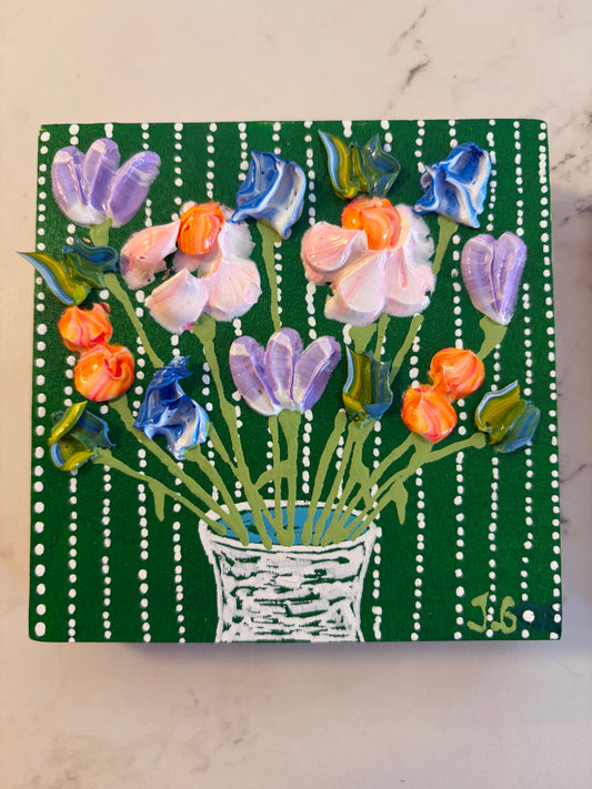 Spring flowers on green background-4x4 on wood panel