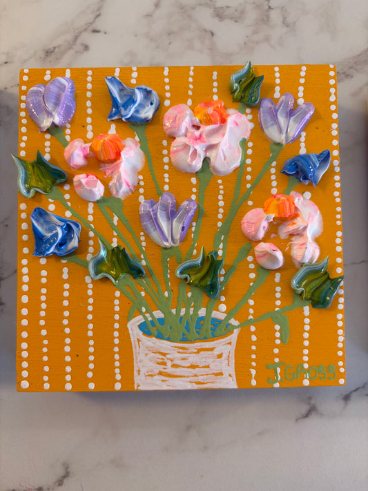 Spring flowers on yellow background-4x4 on wood panel