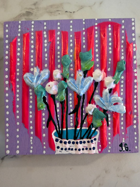 Spring flowers on pink and purple background-4x4 on wood panel
