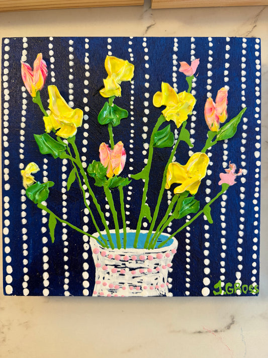 Spring flowers on blue background-5x5 on wood panel