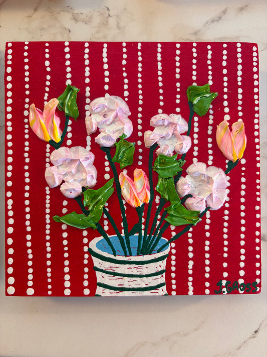 Spring flowers on red background-5x5 on wood panel