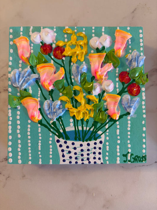 Yellow and orange flowers on mint background-4x4 on wood panel
