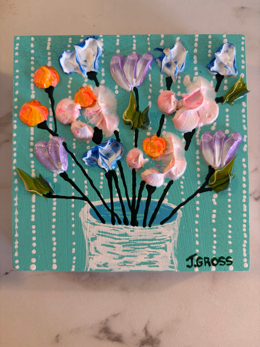 Multicolored flowers on mint background-4x4 on wood panel