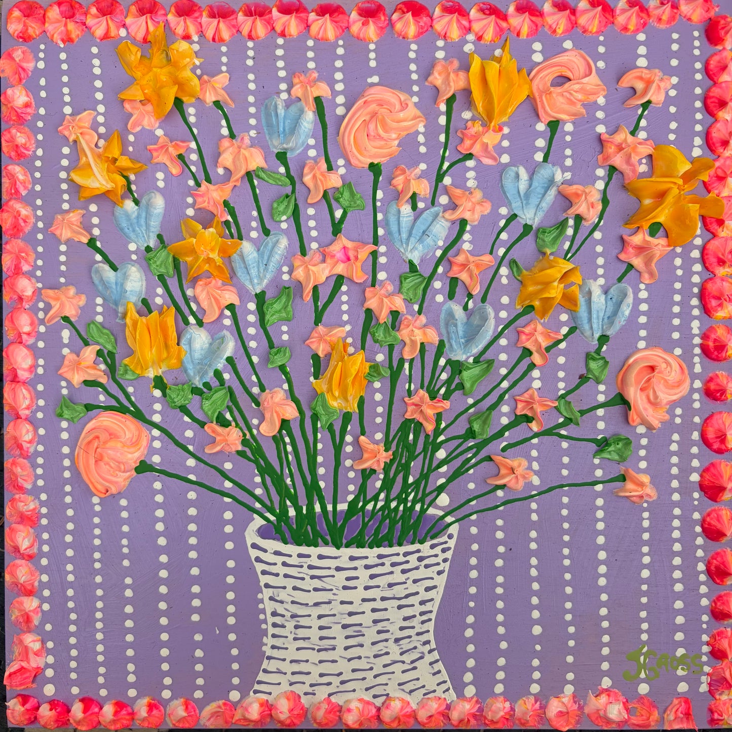 Colorful florals on purple background 8x8