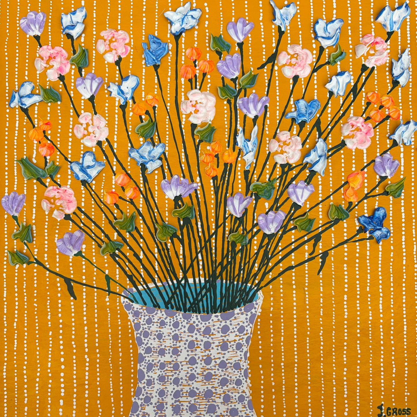 Spring flowers on yellow background-12x12 on wood panel