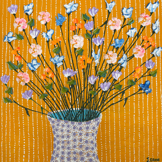Spring flowers on yelloww background-12x12 on wood panel