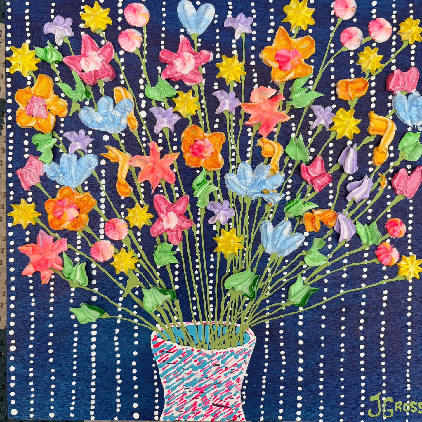 Colorful florals on blue background (2) 8x8